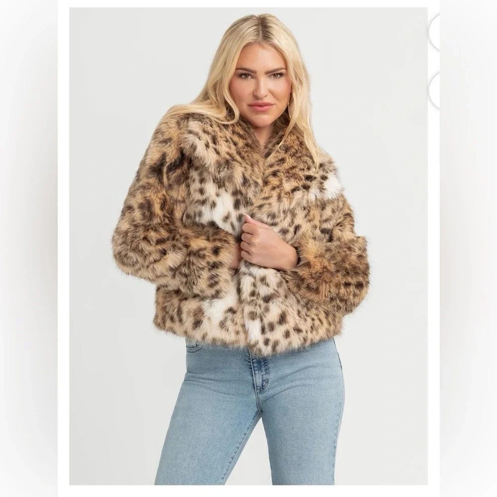 NWT S Jessica Simpson Leopard Print Faux Fur Jacket - Picture 1 of 7